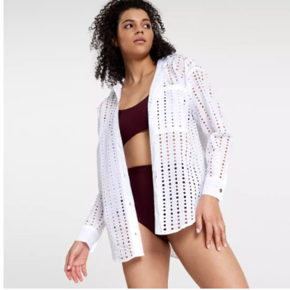 CALIA Women's Oversized Perforated Long Sleeve Button Down Cover Up
